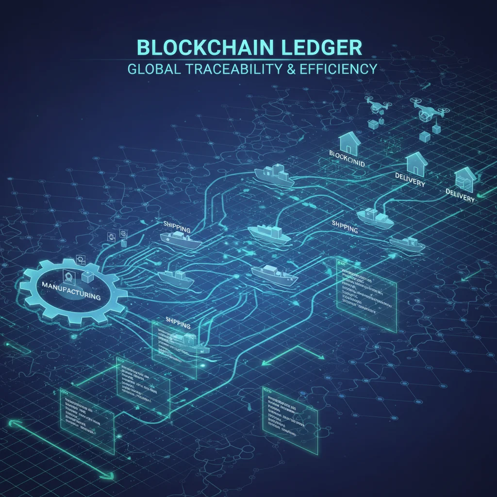 Diagrama de una cadena de suministro optimizada con tecnología blockchain para mayor trazabilidad.