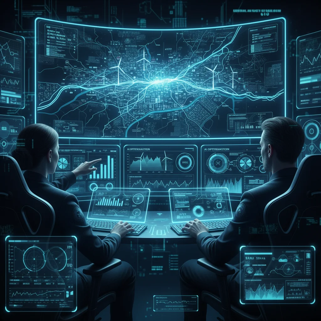 Centro de control de red eléctrica inteligente con pantallas mostrando datos en tiempo real de producción y consumo energético, destacando la IA.
