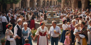 Grupo diverso de personas interactuando en una plaza española, simbolizando la cohesión social.