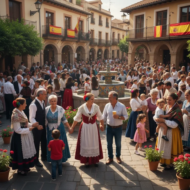 Grupo diverso de personas interactuando en una plaza española, simbolizando la cohesión social.