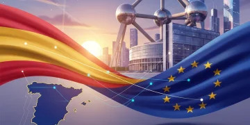 Bandera de España y Unión Europea entrelazadas, simbolizando la influencia española en Bruselas.