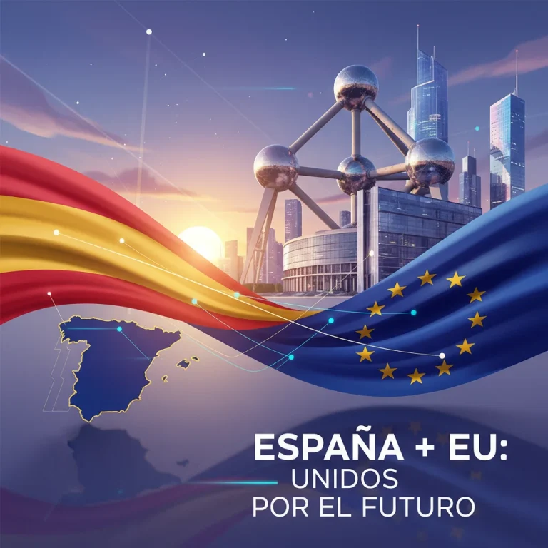Bandera de España y Unión Europea entrelazadas, simbolizando la influencia española en Bruselas.
