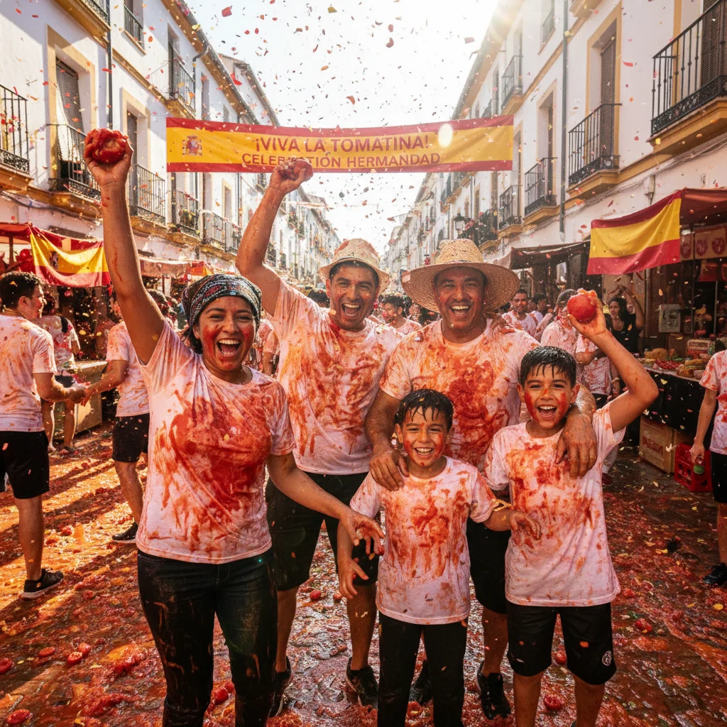 Familia latinoamericana celebrando una fiesta tradicional española con alegría, mostrando profunda integración.