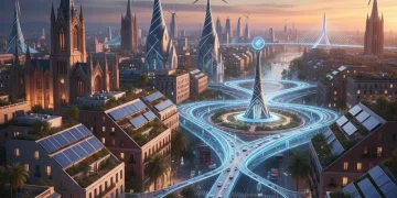 Paisaje urbano futurista con turbinas eólicas, paneles solares y vehículos eléctricos, simbolizando el futuro de las energías renovables en España.