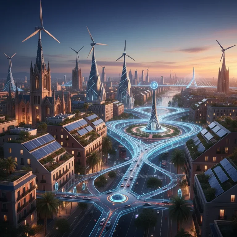 Paisaje urbano futurista con turbinas eólicas, paneles solares y vehículos eléctricos, simbolizando el futuro de las energías renovables en España.