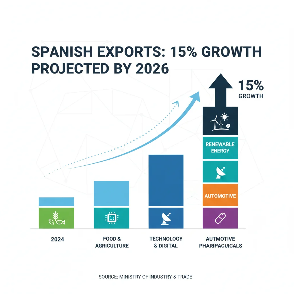 Gráfico de crecimiento proyectado del 15% en exportaciones españolas para 2026.