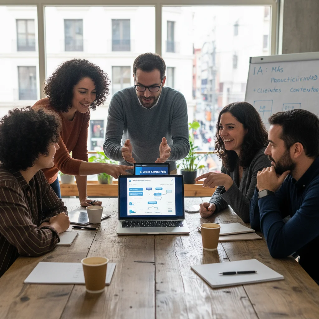 Equipo de PYME española utilizando herramientas de IA para mejorar la atención al cliente y la productividad.