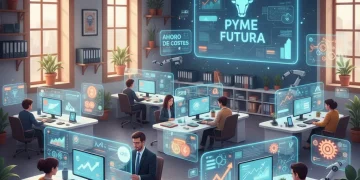 Oficina de PYME española con elementos de inteligencia artificial optimizando procesos y reduciendo costes.