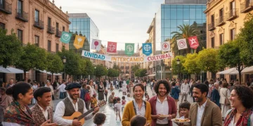 Migración e Identidad Cultural Española: 6 Historias de Integración Inspiradoras 2026 Grupo diverso de personas sonriendo en una plaza española, simbolizando la integración cultural.