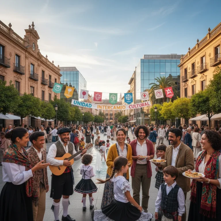 Grupo diverso de personas sonriendo en una plaza española, simbolizando la integración cultural.