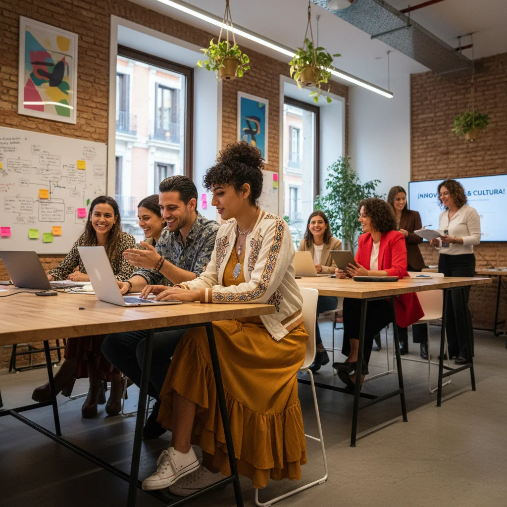 Joven de origen marroquí colaborando en una startup madrileña, mostrando integración laboral y cultural.