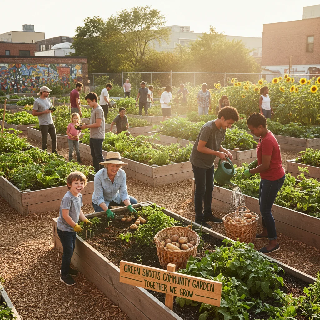 Jardín comunitario con personas de diferentes edades colaborando, fomentando lazos sociales.