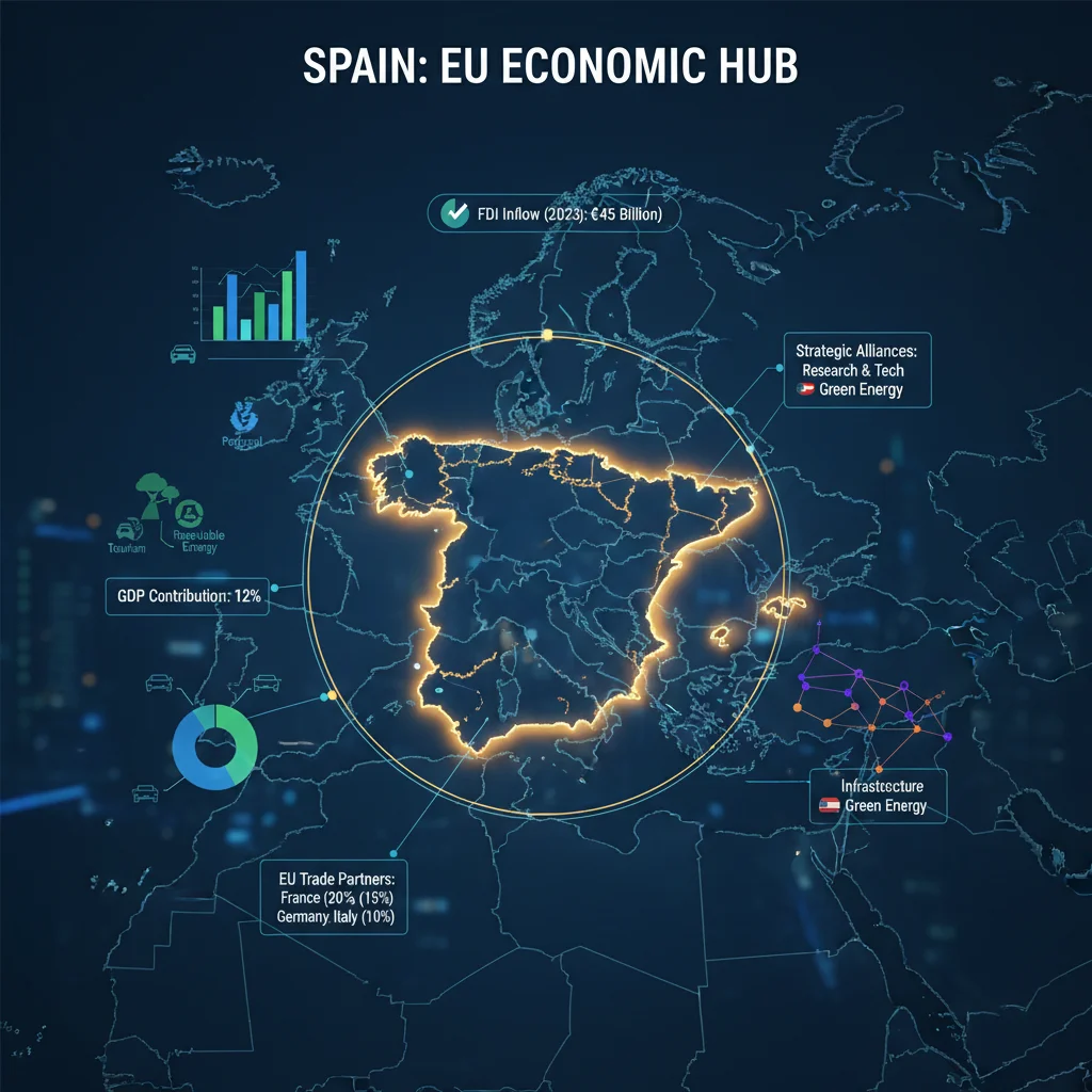 Mapa de Europa con España destacada, mostrando indicadores económicos y su contribución a la UE.