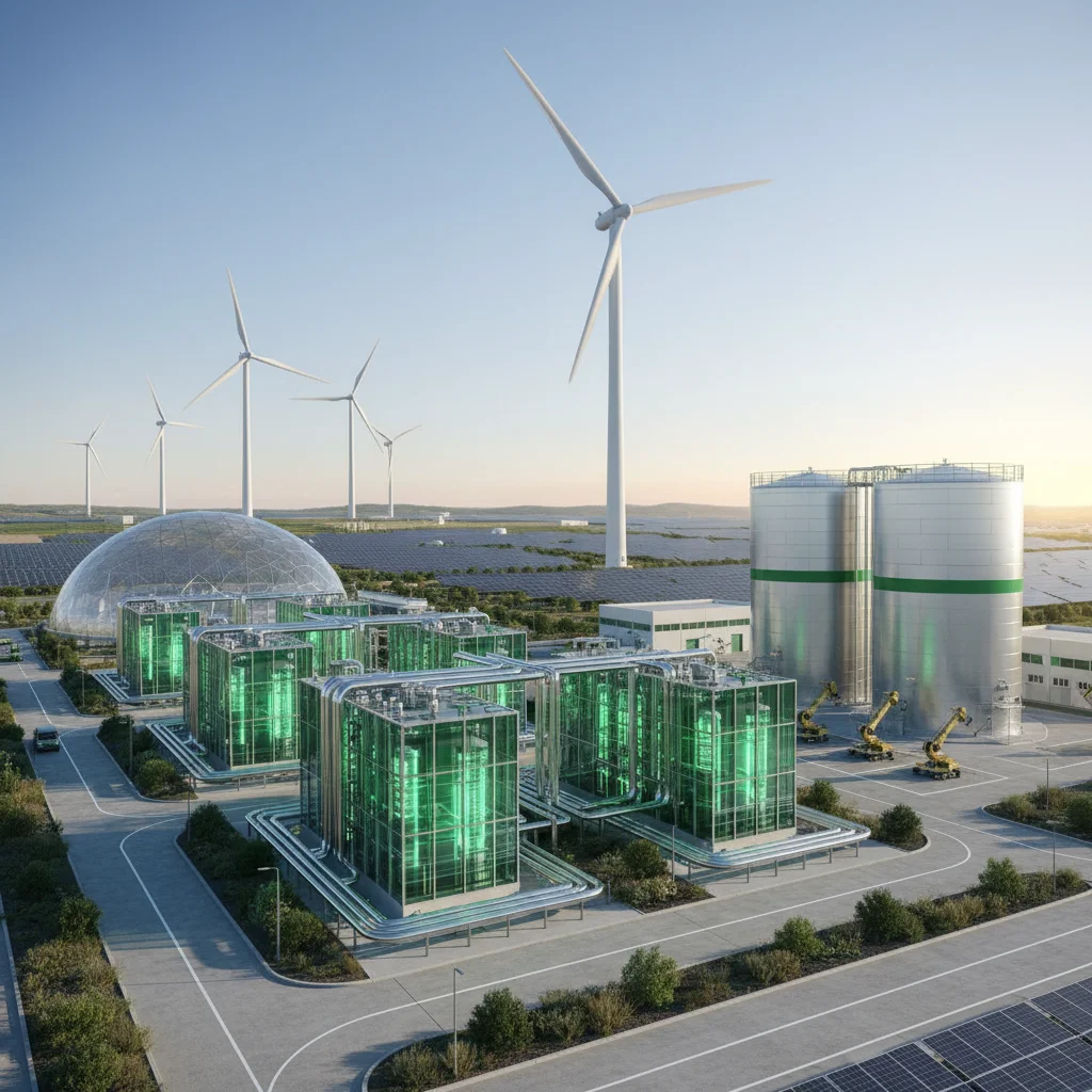Planta de producción de hidrógeno verde con electrolizadores y turbinas eólicas al fondo, simbolizando la energía sostenible.