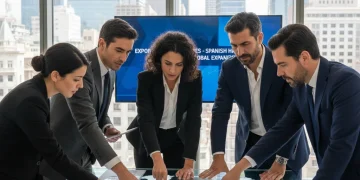 Estrategias de Exportación para Empresas Españolas: Mercados Clave y Crecimiento Profesionales españoles analizando un mapa mundial para estrategias de exportación y expansión de negocio.