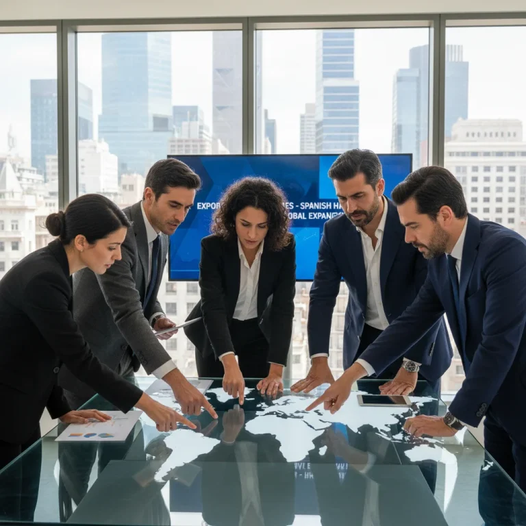 Profesionales españoles analizando un mapa mundial para estrategias de exportación y expansión de negocio.