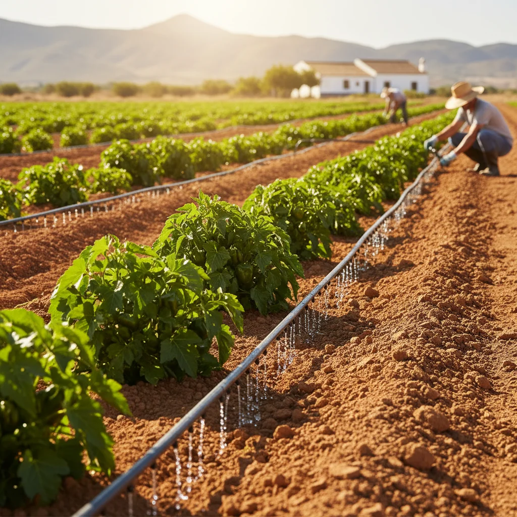Agricultores instalando sistema de riego por goteo en cultivos españoles